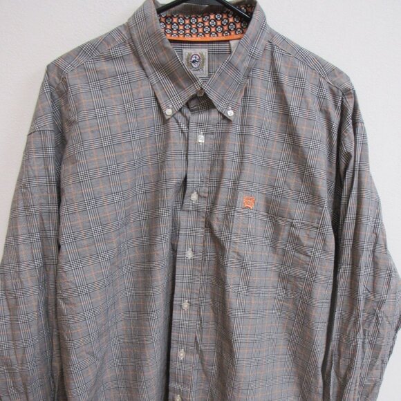 Cinch Gray/Black/Orange Plaid Long Sleeve Flip Cuff Button Down Shirt XL - Picture 1 of 4